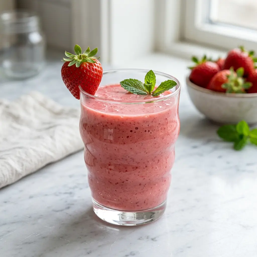 Ett glas jordgubbssmoothie serverat kallt och fräscht med enkel garnering