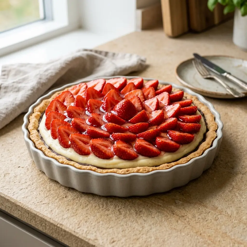 Hemlagad jordgubbstårta serverad som en söt och inbjudande dessert