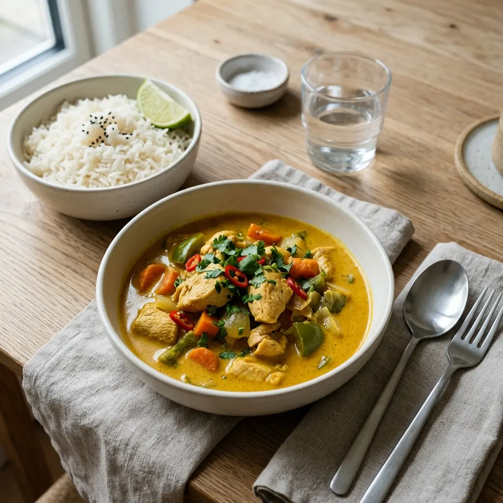 Nylagad kalkon i curry serverad på ett aptitligt och hemlagat sätt