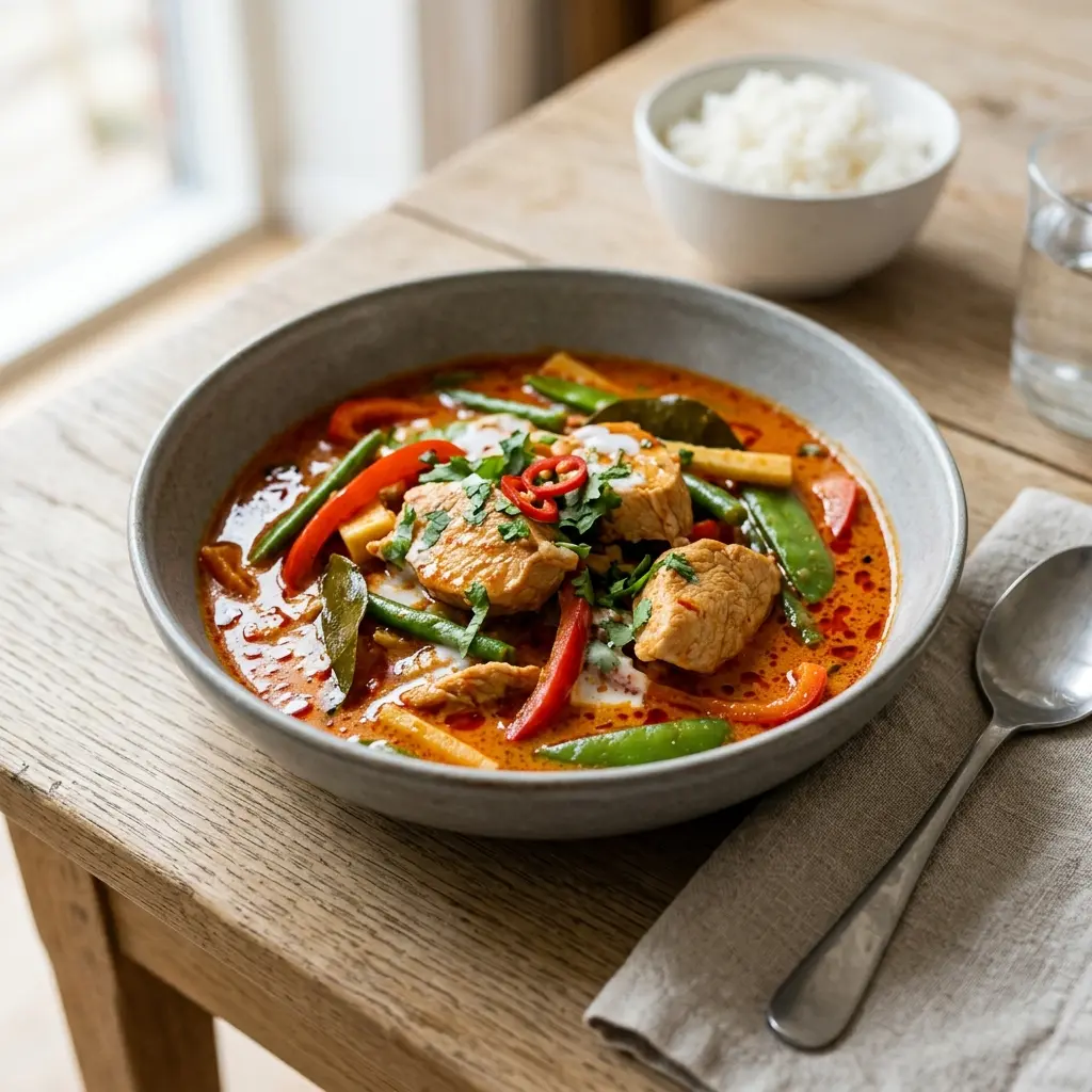 Nylagad kalkon i röd curry serverad på ett aptitligt och hemlagat sätt