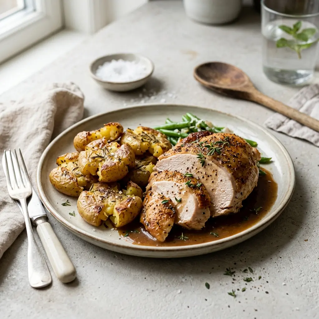 Nylagad kalkon med krossad potatis serverad på ett aptitligt och hemlagat sätt