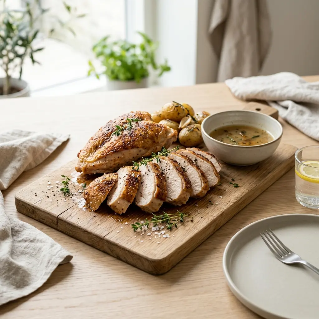 Ett glas kalkonbröst i stekpanna serverat kallt och fräscht med enkel garnering