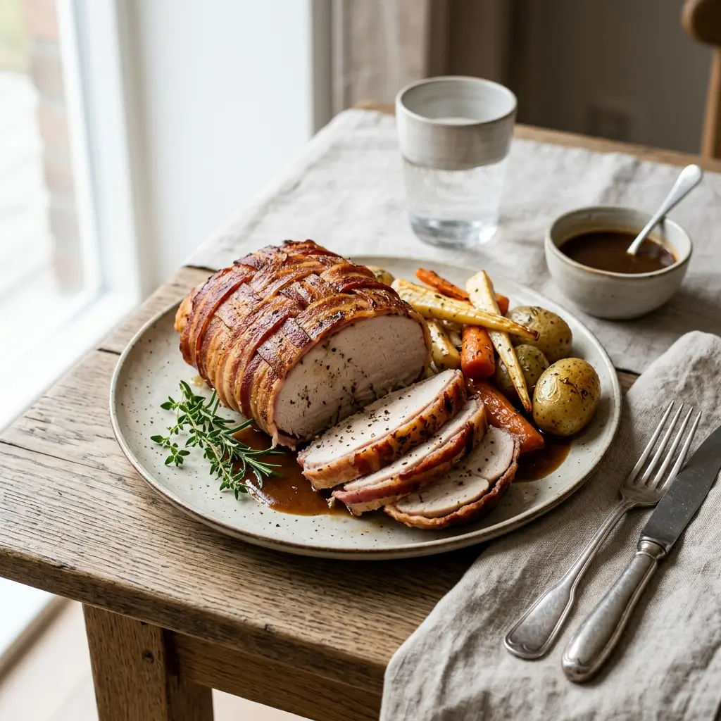 Nylagad kalkonbröst med bacon serverad på ett aptitligt och hemlagat sätt