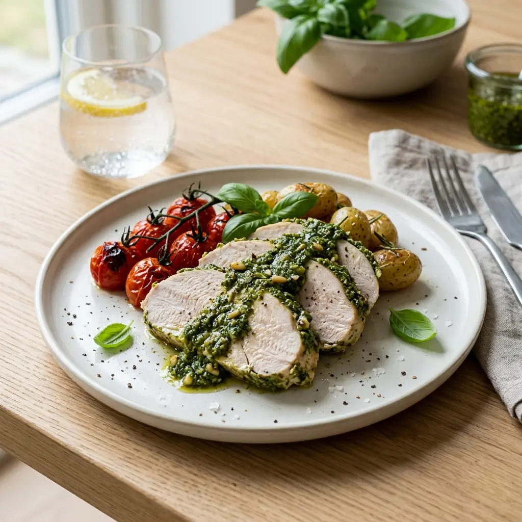 En skål med kalkonbröst med pesto klar att servera som smakrikt tillbehör