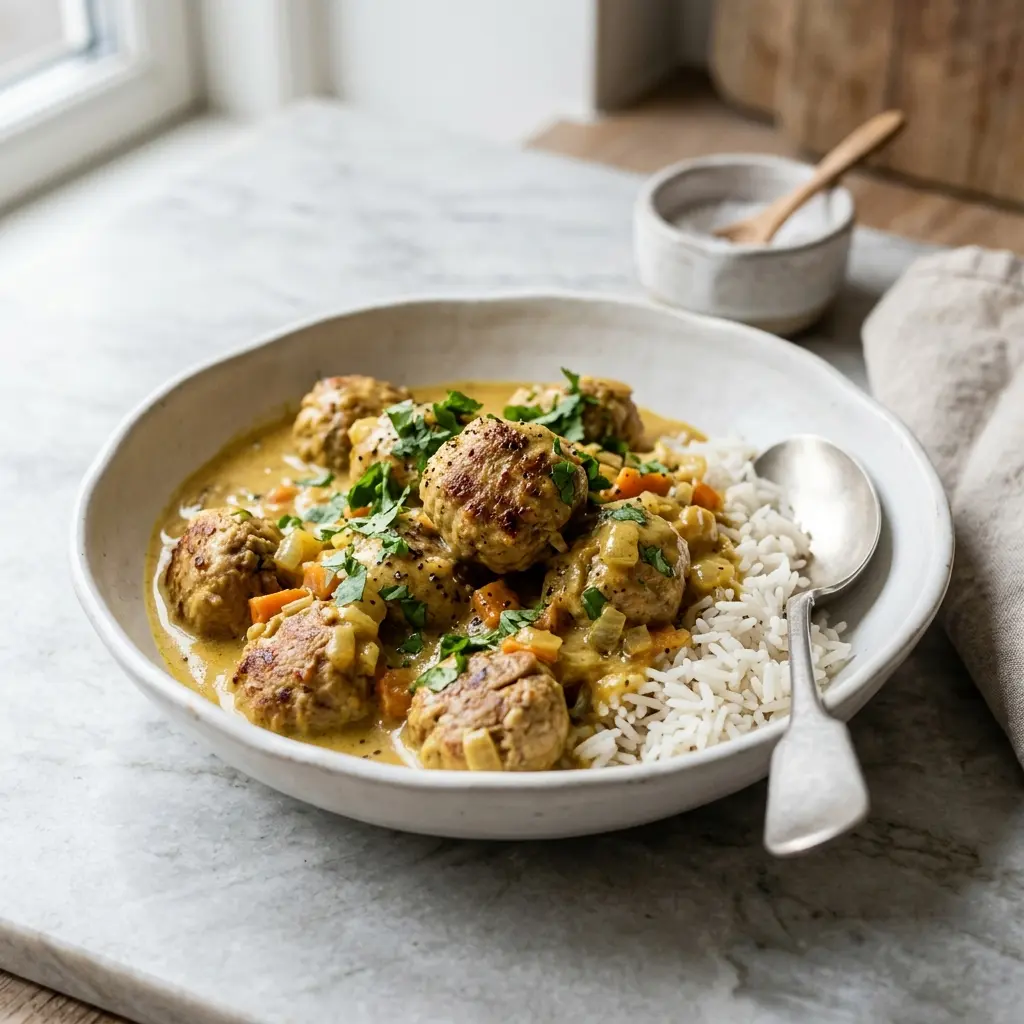 Nybakad kalkonköttbullar i curry serverad och klar att njuta av