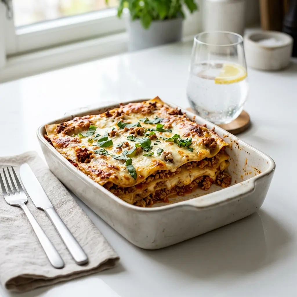 Nylagad kalkonlasagne serverad på ett aptitligt och hemlagat sätt