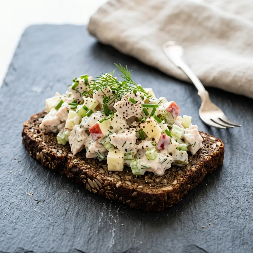 Nybakad kalkonsallad till rågbröd serverad och klar att njuta av
