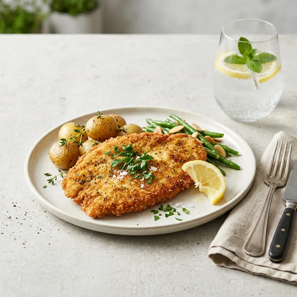 Ett glas kalkonschnitzel i stekpanna serverat kallt och fräscht med enkel garnering