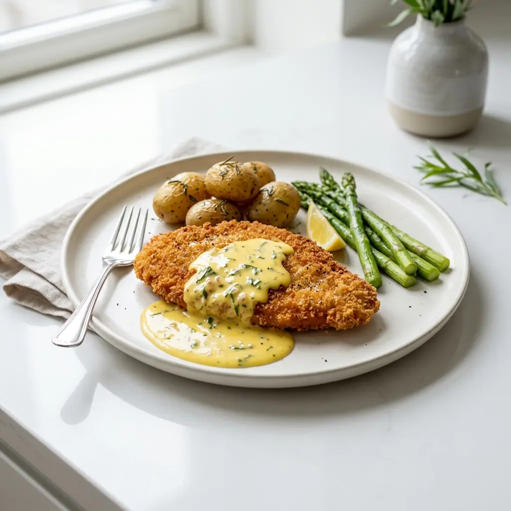 Nylagad kalkonschnitzel med bearnaise serverad på ett aptitligt och hemlagat sätt