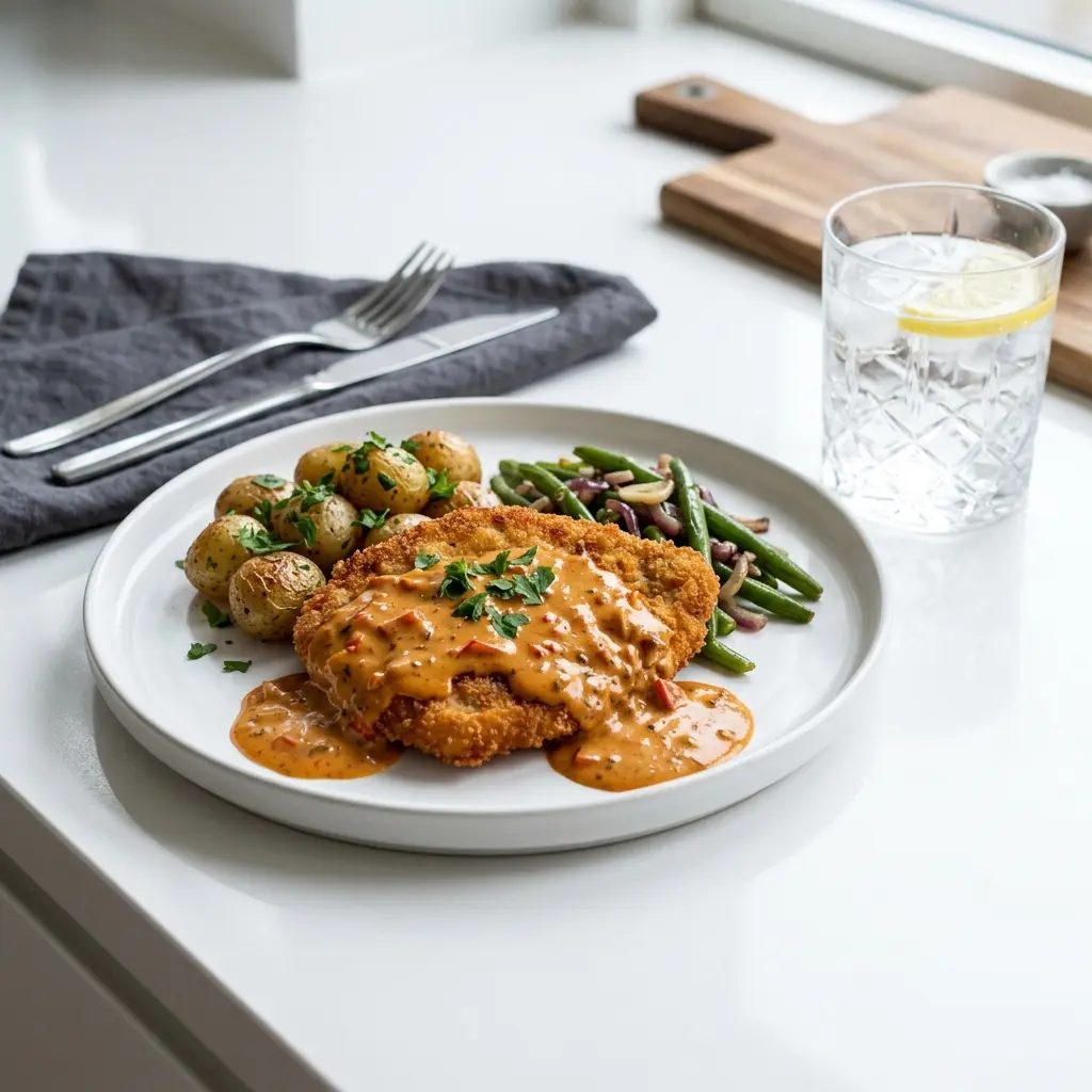 En skål med kalkonschnitzel med paprikasås klar att servera som smakrikt tillbehör