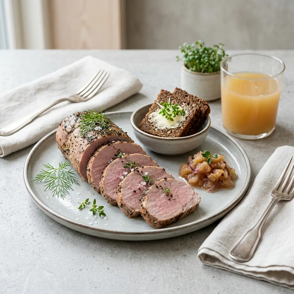 Ett glas kall fläskfiléstek till lunch serverat kallt och fräscht med enkel garnering