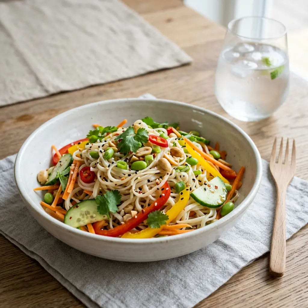 En fräsch portion kall nudelsallad med färska råvaror och fin servering