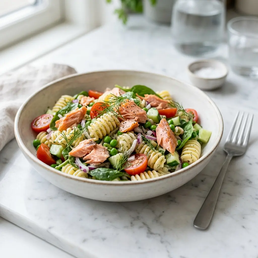 En fräsch portion kall pastasallad med varmrökt lax med färska råvaror och fin servering