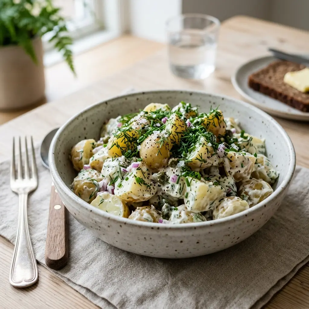 En fräsch portion kall potatissallad med färska råvaror och fin servering