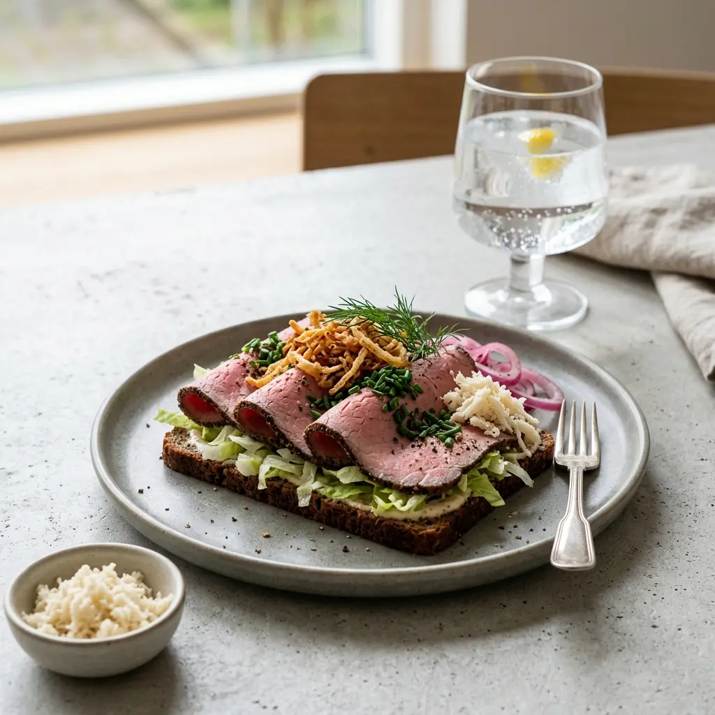 Nylagad kall rostbiff till lunch serverad på ett aptitligt och hemlagat sätt