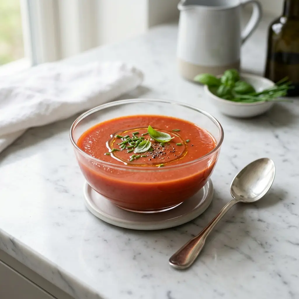 En varm skål kall tomatsoppa serverad med ett inbjudande och hemlagat uttryck