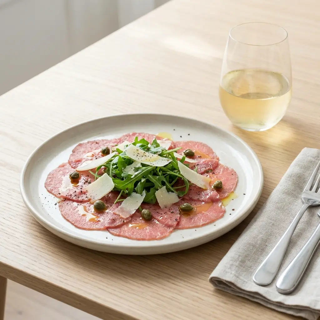 Nylagad kalvcarpaccio serverad på ett aptitligt och hemlagat sätt