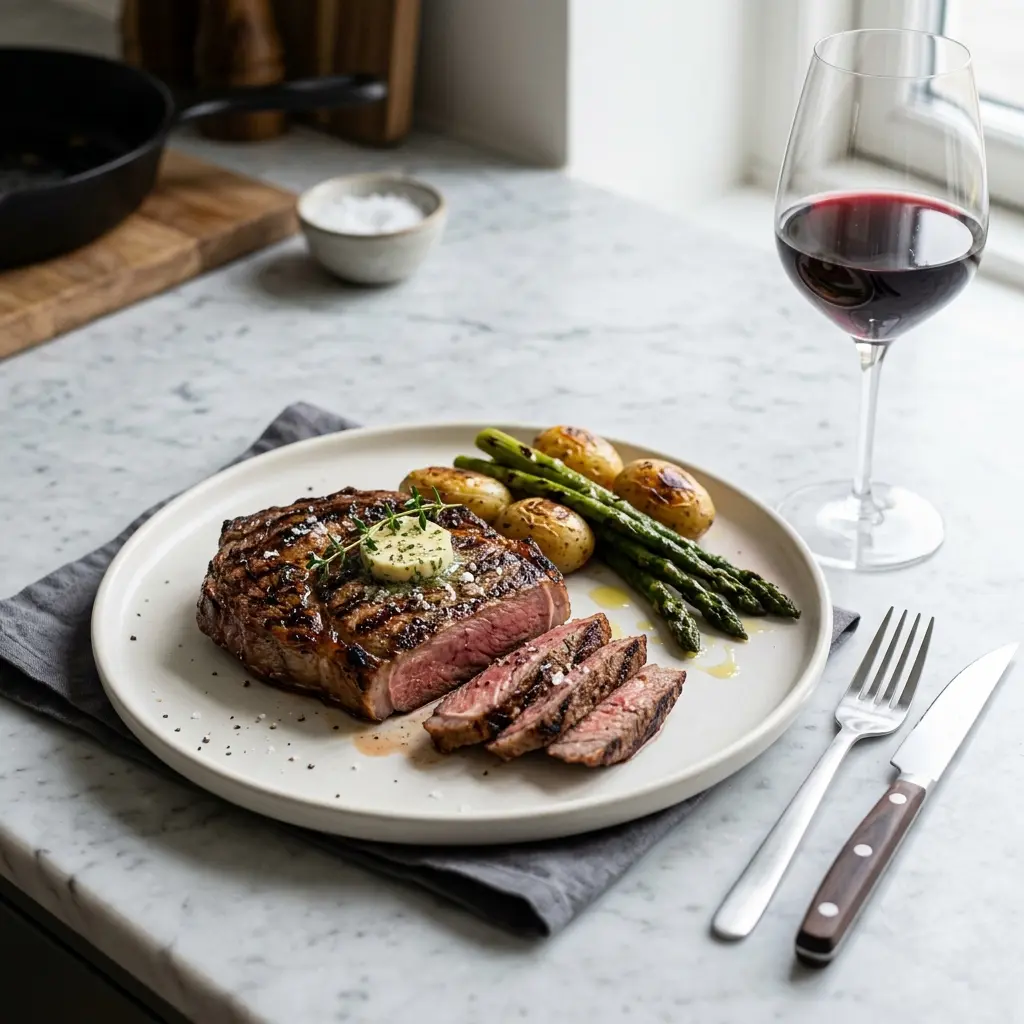 Ett glas kalventrecôte på grillen serverat kallt och fräscht med enkel garnering