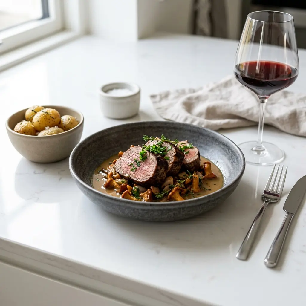 Ett glas kalvfilé i stekpanna serverat kallt och fräscht med enkel garnering