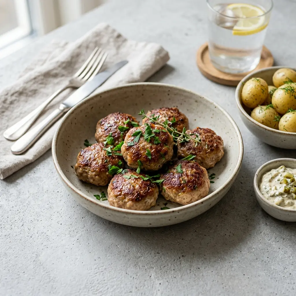 Nylagad kalvfrikadeller serverad på ett aptitligt och hemlagat sätt
