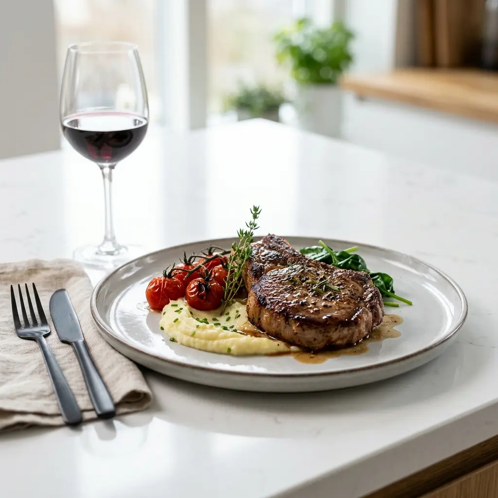 Ett glas kalvkotlett i stekpanna serverat kallt och fräscht med enkel garnering
