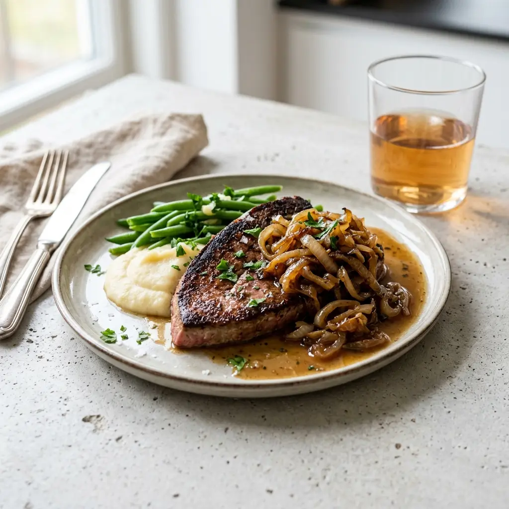 Nylagad kalvlever med lök serverad på ett aptitligt och hemlagat sätt