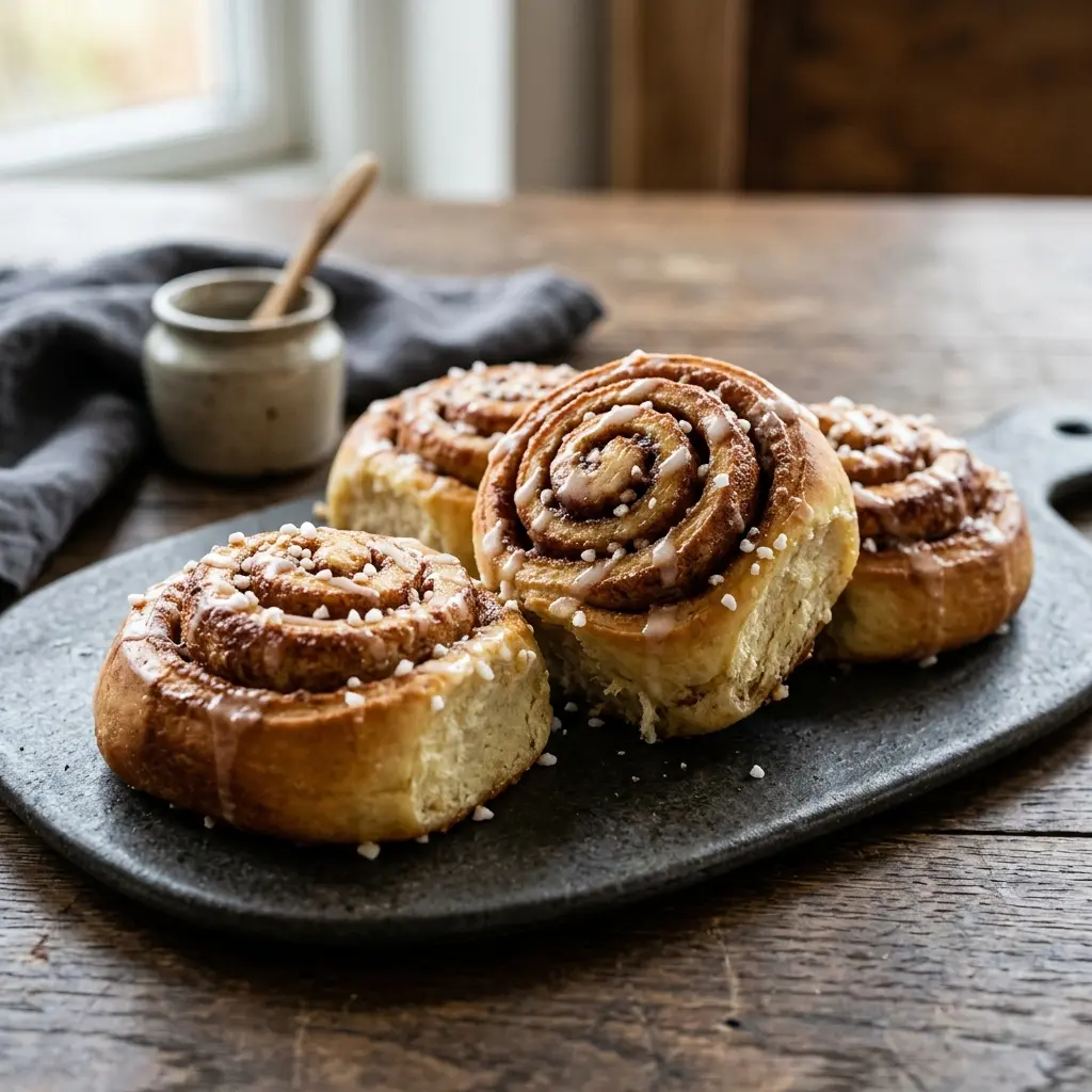 Nybakad kanelbullar serverad och klar att njuta av