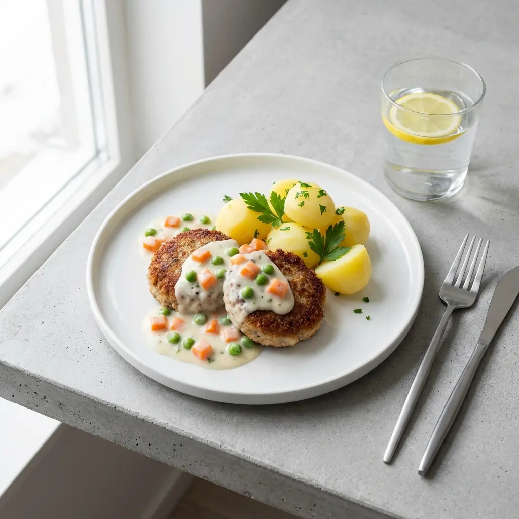Ett glas karbonader med ärtor och morötter serverat kallt och fräscht med enkel garnering