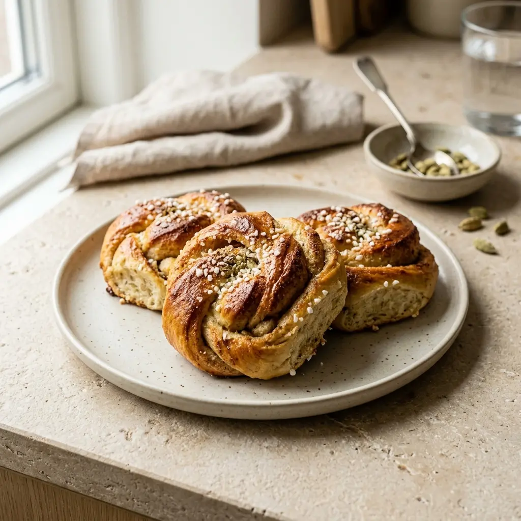 Nybakad kardemummabullar serverad och klar att njuta av
