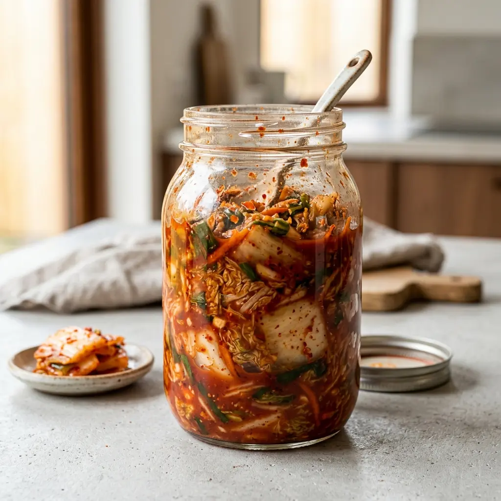 Nylagad kimchi serverad på ett aptitligt och hemlagat sätt