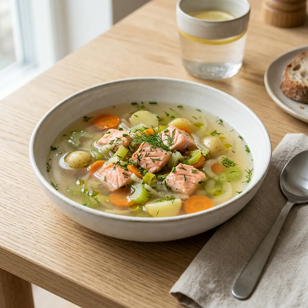 En varm skål klar fisksoppa med lax serverad med ett inbjudande och hemlagat uttryck