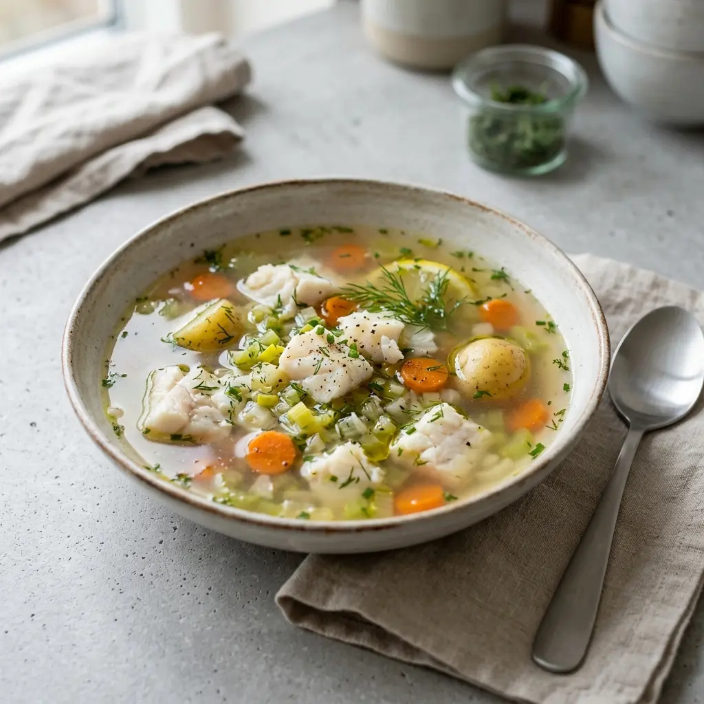 En varm skål klar fisksoppa med vit fisk serverad med ett inbjudande och hemlagat uttryck