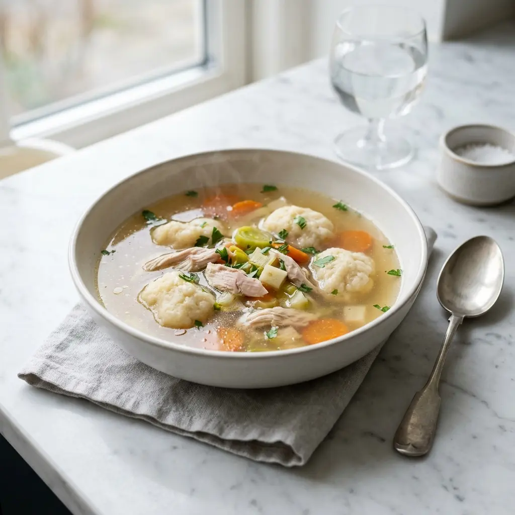En varm skål klar kycklingsoppa med klimp serverad med ett inbjudande och hemlagat uttryck