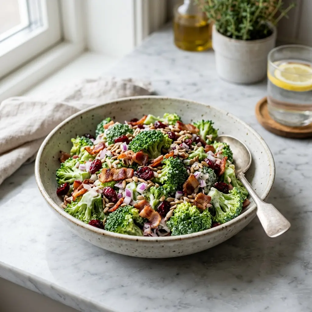 En fräsch portion klassisk broccolisallad med färska råvaror och fin servering
