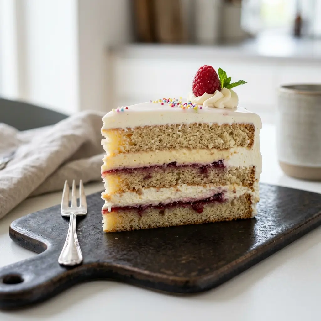 Hemlagad klassisk gräddtårta serverad som en söt och inbjudande dessert