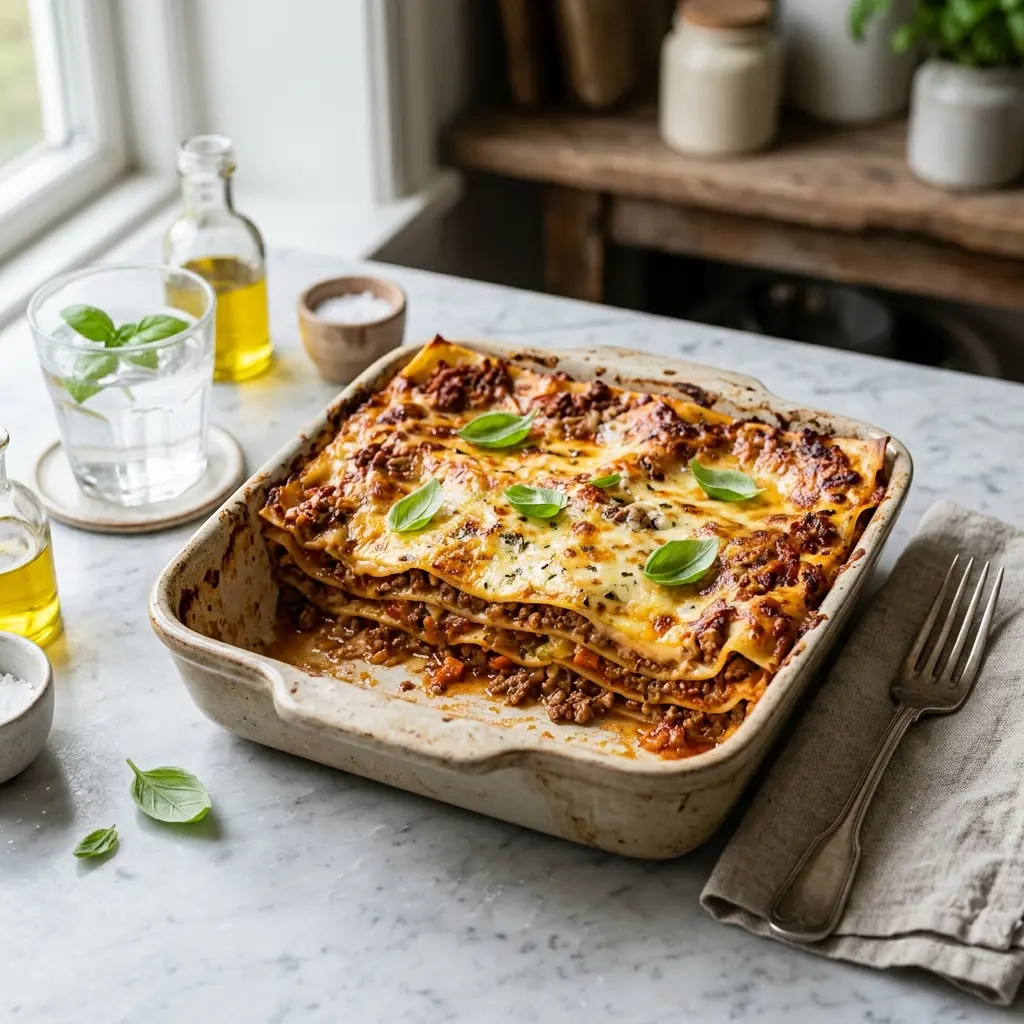 Nylagad klassisk lasagne serverad på ett aptitligt och hemlagat sätt