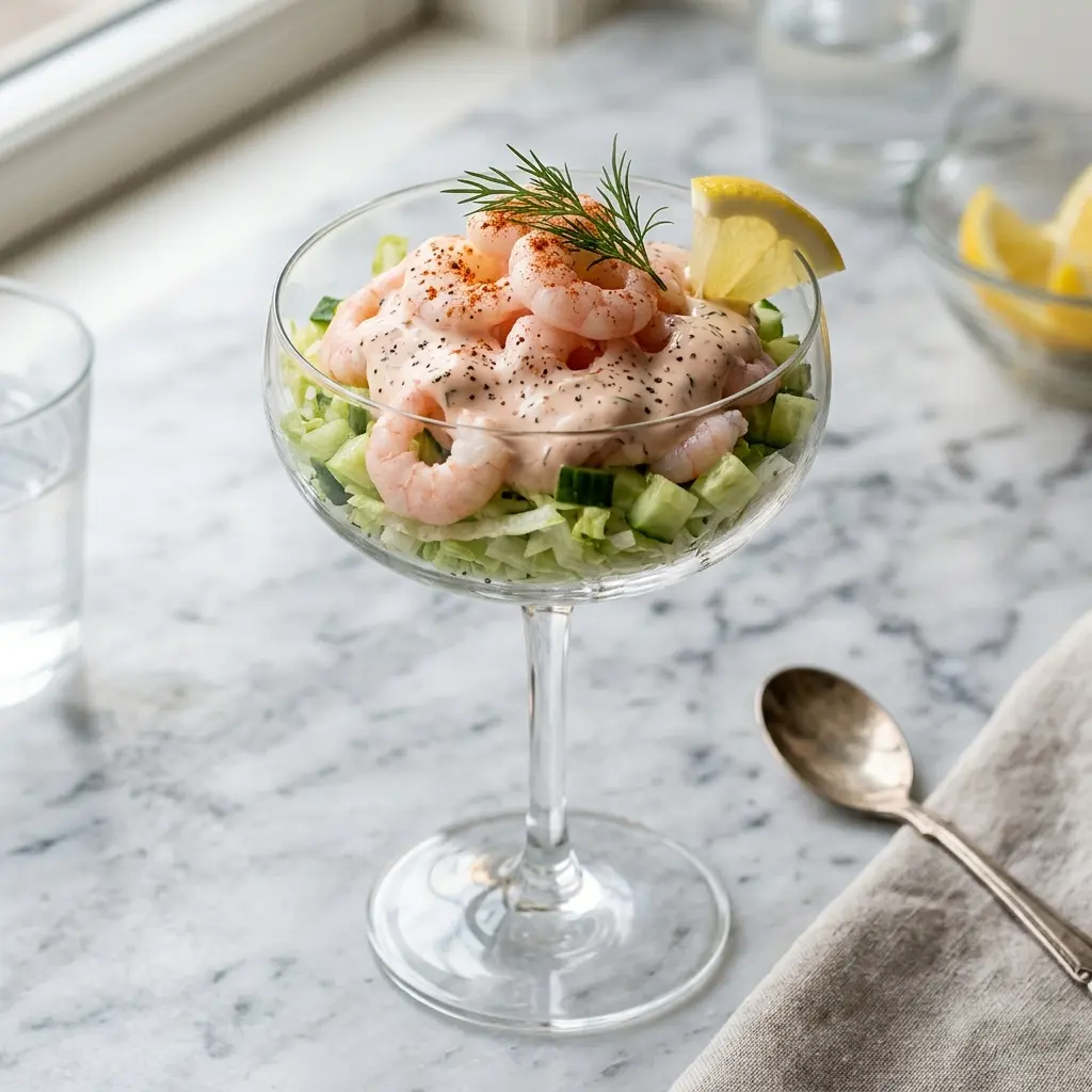 Ett glas klassisk räkcocktail serverat kallt och fräscht med enkel garnering