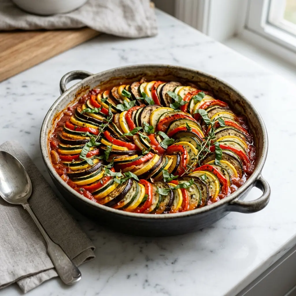 Nylagad klassisk ratatouille serverad på ett aptitligt och hemlagat sätt