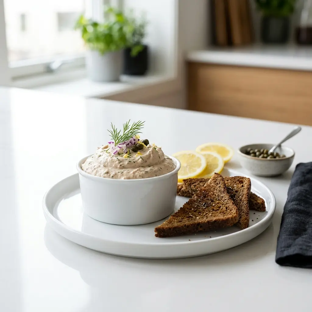 Hemlagad klassisk tonfiskmousse serverad som en söt och inbjudande dessert