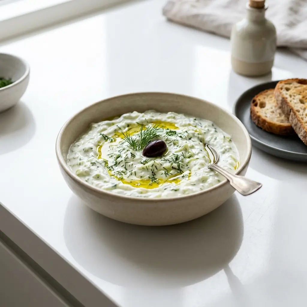 Nylagad klassisk tzatziki serverad på ett aptitligt och hemlagat sätt