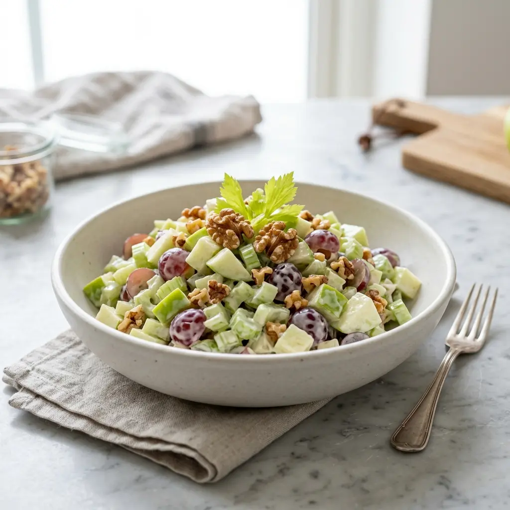 En fräsch portion klassisk waldorfsallad med färska råvaror och fin servering