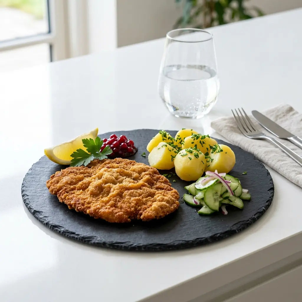 Nylagad klassisk wienerschnitzel serverad på ett aptitligt och hemlagat sätt