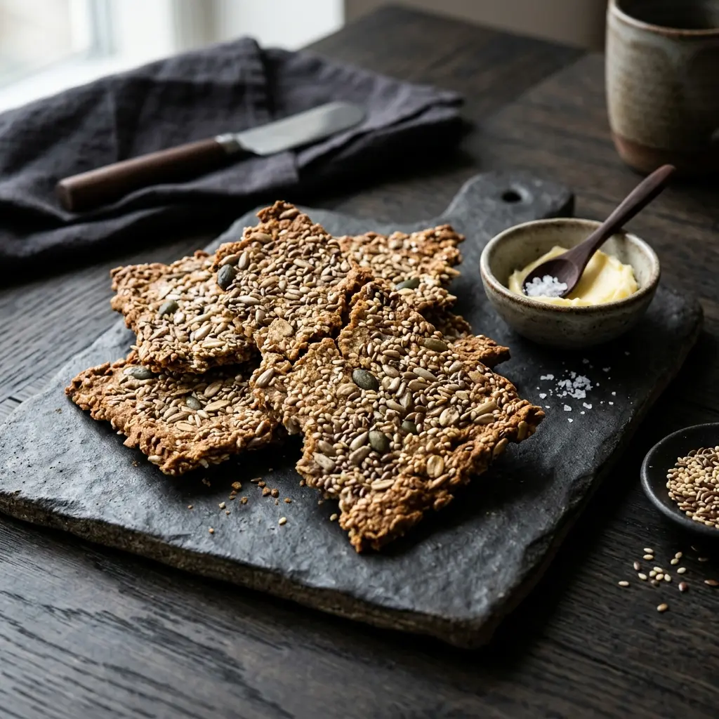 Nybakad knäckebröd med frön serverad och klar att njuta av