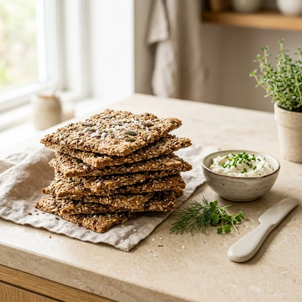 Nybakad knäckebröd serverad och klar att njuta av