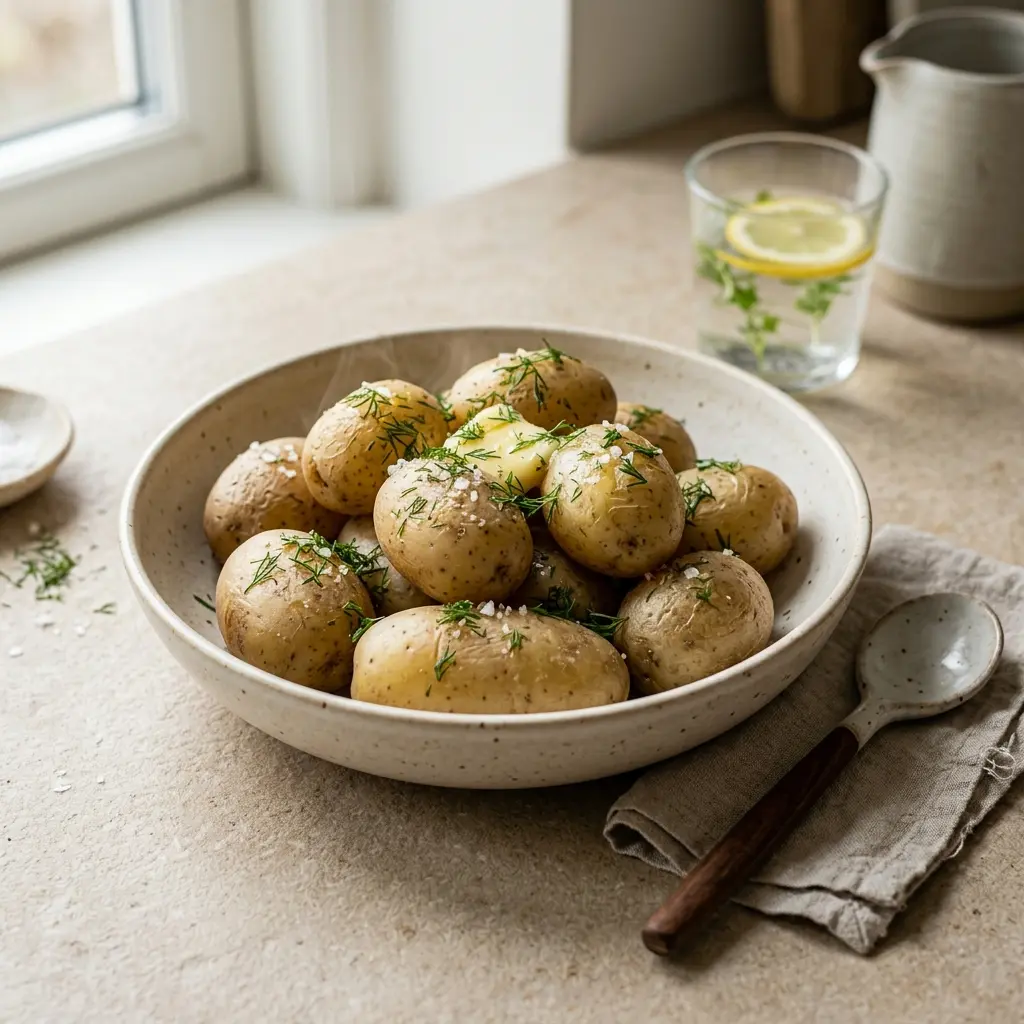 Nylagad kokt potatis serverad på ett aptitligt och hemlagat sätt