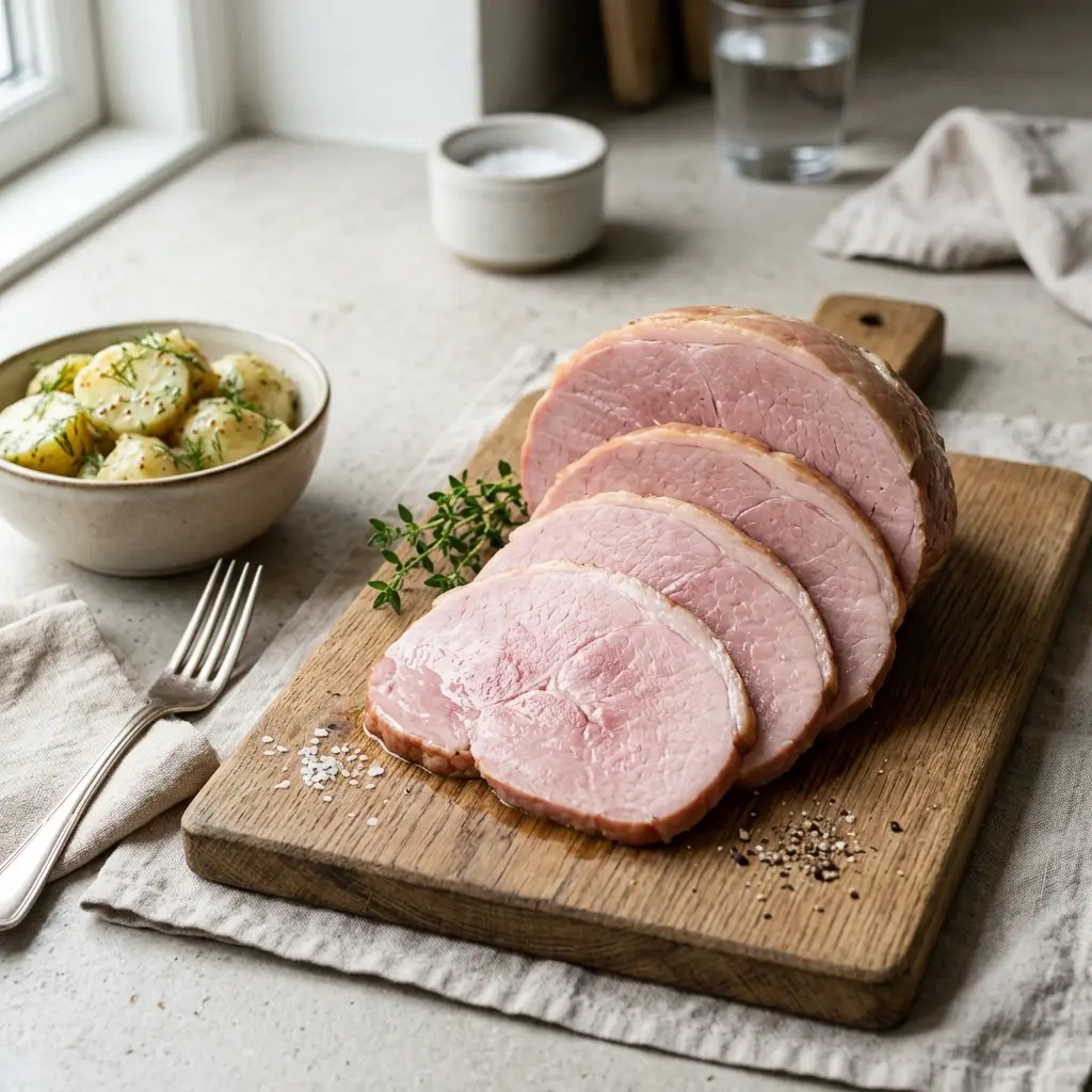 Nylagad kokt skinka serverad på ett aptitligt och hemlagat sätt