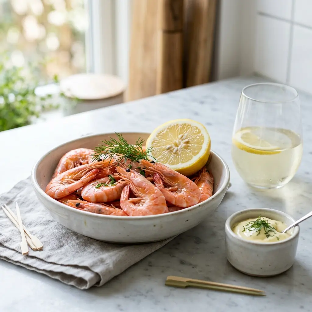 Nylagad kokta räkor serverad på ett aptitligt och hemlagat sätt