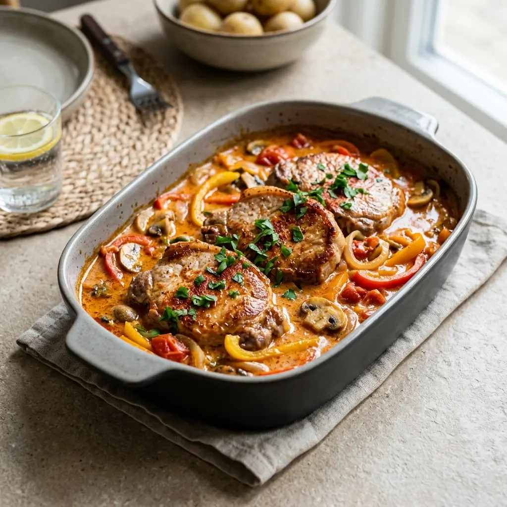 Ett glas kotletter i ugnsform med paprika serverat kallt och fräscht med enkel garnering