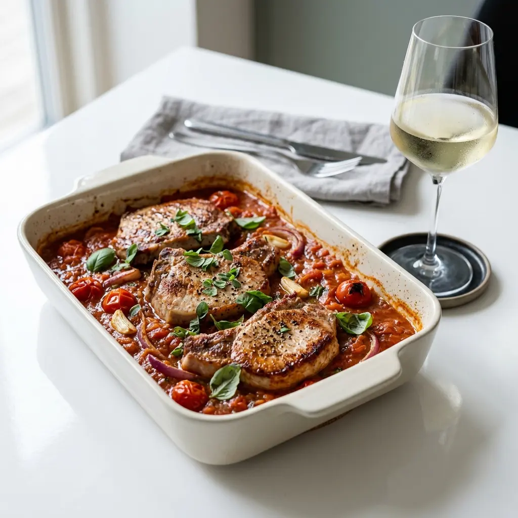 Ett glas kotletter i ugnsform med tomat serverat kallt och fräscht med enkel garnering