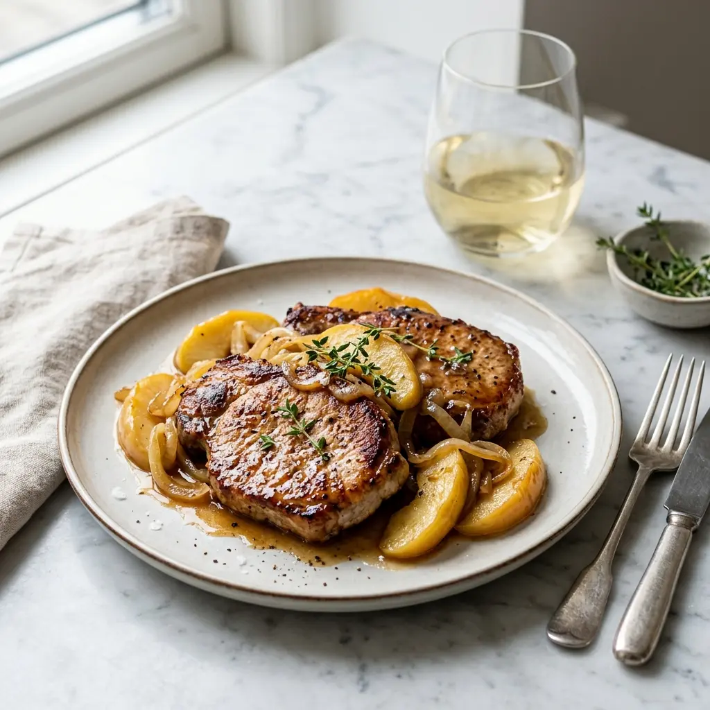 Ett glas kotletter med äpplen och lök serverat kallt och fräscht med enkel garnering